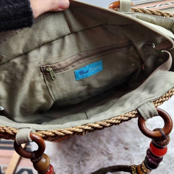 Blue Miami Straw Bag Beaded Handle Boho - Picture 8 of 10